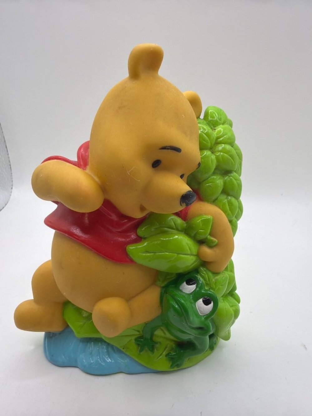 Adorable Winnie The Pooh Figurine Sitting With Frog On Leafy Base Vibrant Colors